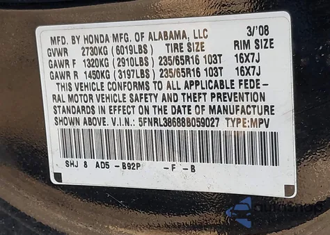 2008 Honda Odyssey Ex-L из США, поврежденный, VIN 5FNRL38688B059027